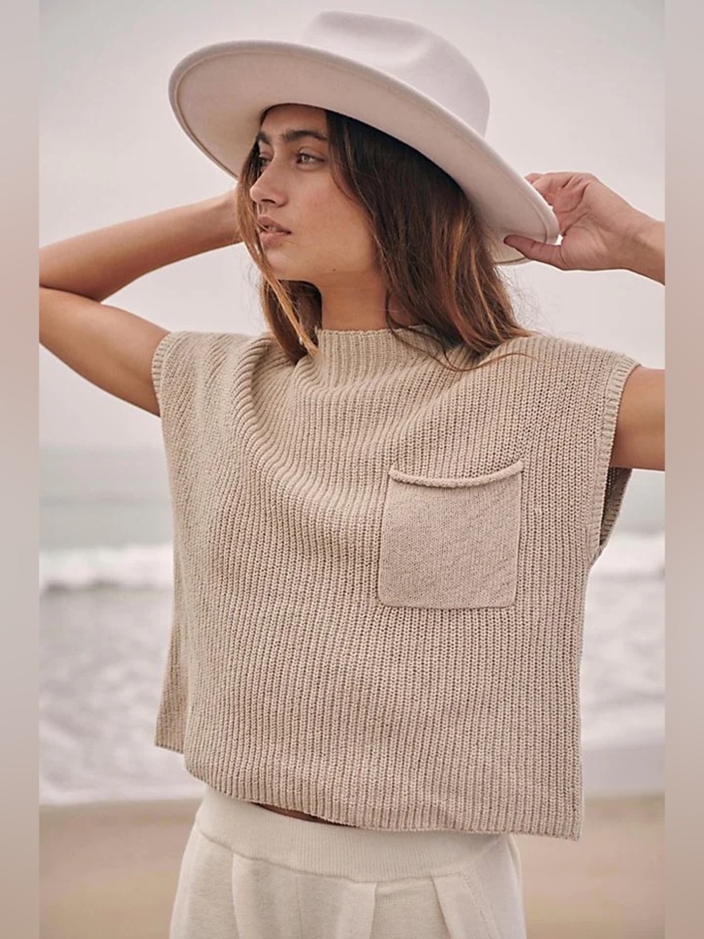 Free People Beach Freya Sweater Top XS Oatmeal Cotton Mock Neck Pocket